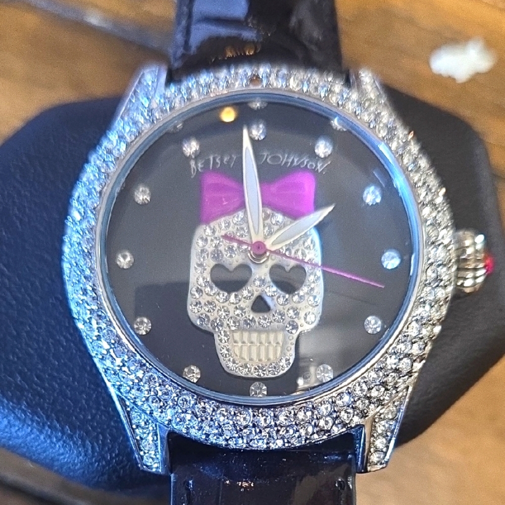 Betsey Johnson Skull Watch with Pink Bow TWO STONES MISSING